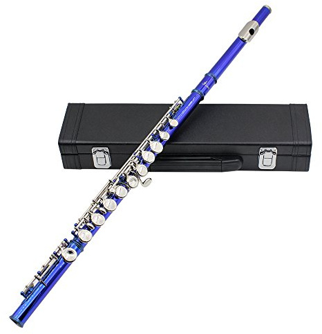 Sasuori Flute 16 Holes C Key Western Concert Cupronickel Nicke Plated Woodwind Instrument with Cleaning Cloth Stick Gloves Screwdriver Padded Case (blue2)