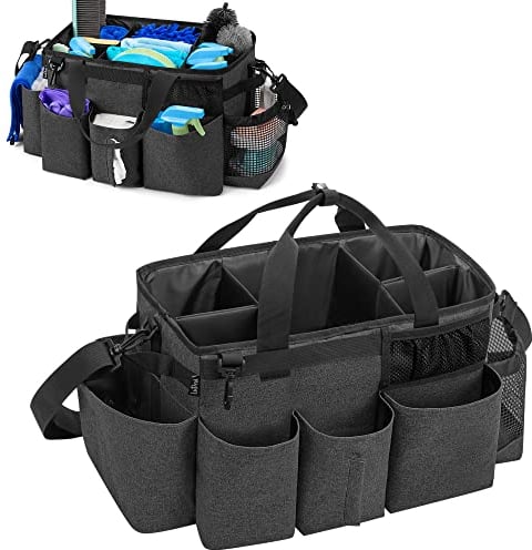 LoDridTote bolsa de limpieza con 4 divisores plegables, organizador de suministros de limpieza portátil con asas laterales y correa para el hombro, (Negro, Solo Bolsa)