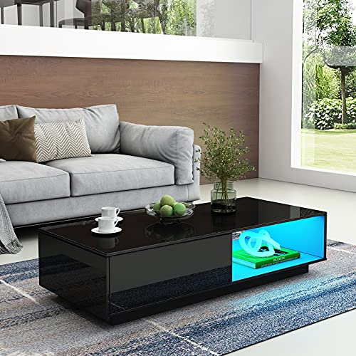 Couchtisch Mit Stauraum in Schwarz Glänzend - LED-Leuchten, Rechteckiger Mitteltisch für Wohnzimmer Mit Schublade und Offenem Regal, 95 x 55 x 31 cm (0,5 m LED)