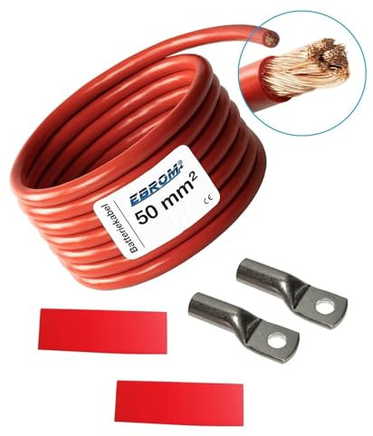 EBROM Cable de batería DIY Set Plus cable rojo – 50 mm² cobre completo OFC, muchas longitudes de 30 cm hasta 10 metros, terminales de cable con ojales M6/M8/M10/M12 combinables