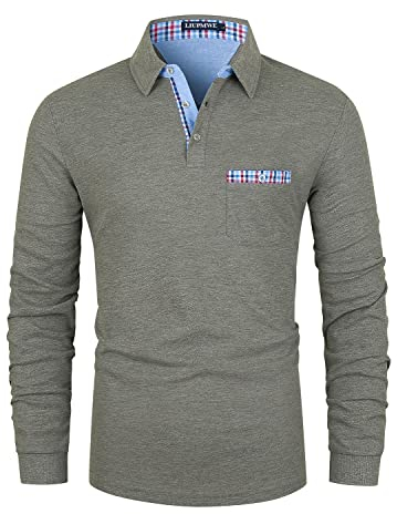 LIUPMWE Poloshirt Herren Langarm Getäfelt T Shirts Männer Hemd Slim Fit Golf Sports,Grau,L