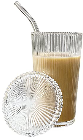 LUXTE 375ML Ribbed Glassware, Glass Cups with Lids and Straws Ribbed Vertical Striped Glass Coffee Mug with Straw and Lid Smoothie Iced Coffee Mug (2PCS) (FUUE-9867DF)