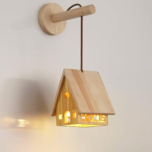 EOEO Wandleuchte Holz Innen Wandlampe Modern 3 Farbtemperatur Kinderzimmer Nachttischlampe Nachtlicht Kinder Junge Madchen Schlafzimmer Chalet-Lampe Dekoration Lampe E27 Wandbeleuchtung
