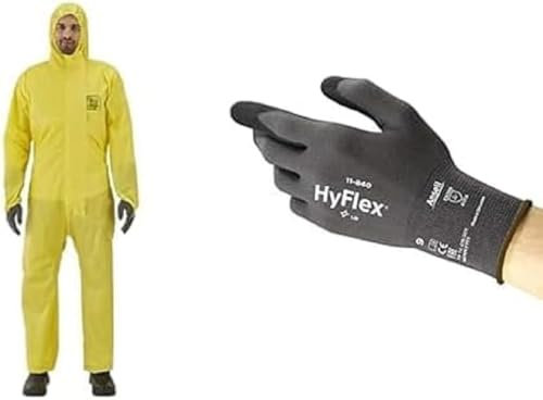 Ansell AlphaTec 2300 Model 132, Disposable Work Overall with Hood,Yellow, size XL (1 pc)+HyFlex 11-840 Professional Work Gloves,Abrasion Resistant Multipurpose Protection Gloves,Black, Size XL (1pair)