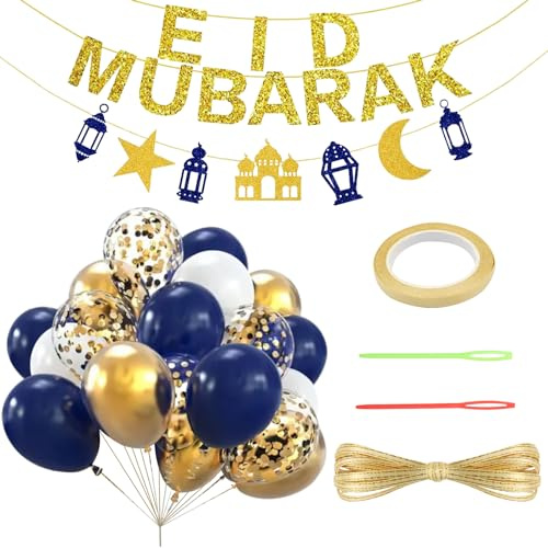 VEGCOO Eid Mubarak Dekorationen, Eid Mubarak Banner mit 19 Stück Luftballons, wiederverwendbare Eid Dekorationen, Eid Mubarak Dekorationen für Zuhause, Schule, Eid Partys