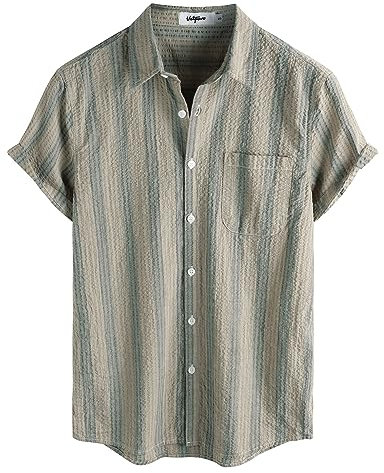 VATPAVE Mens Striped Summer Shirt Casual Button Down Short Sleeve Beach Shirts X-Large Khaki Brown Aloha Shirt