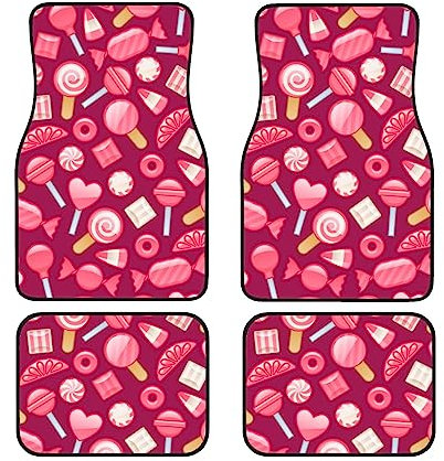Lot de 4 tapis de sol de voiture à imprimé bonbon rose toutes saisons avant et arrière pour voiture
