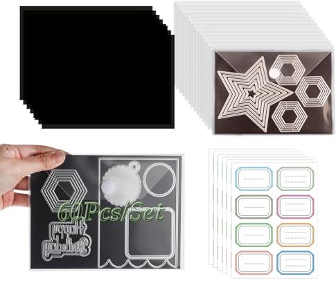 60 Stück/Set Gummi-Magnetbögen, 0,5 mm Dicke, mit transparenten Stempel-Aufbewahrungstaschen, 48 Etiketten Aufkleber, e Umschläge, Stanzformen, Schablonen-Organizer für Kartenherstellung