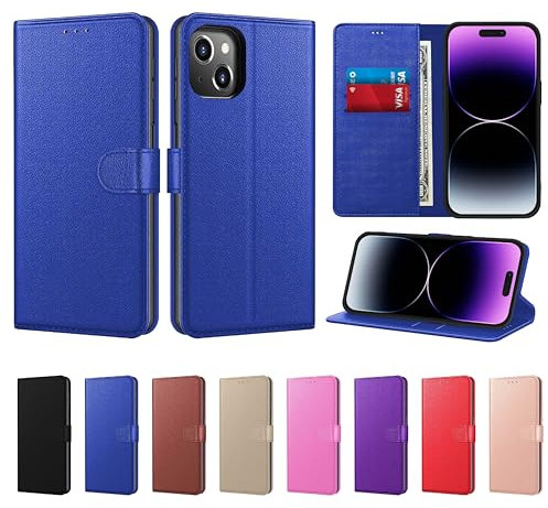 New Horrizon Luxury Case for iPhone 15 Leather Phone Case Cover,[Life time Support], PU Faux Leather Wallet Book Folio Flip Magnetic Shockproof Case with Card Slots (Blue, For iPhone 15)
