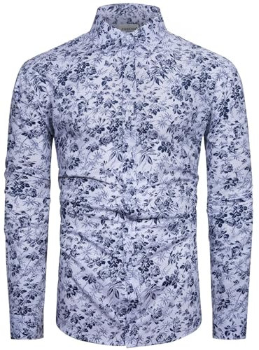 fohemr Mens Floral Print Shirt Long Sleeve Casual Button Down Flower Shirts 100% Cotton Blue White Printed X-Large