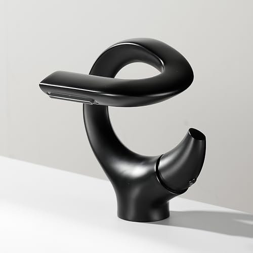 MocArt 7012 Wasserfall Wasserhahn, S-förmiger Kreativer Badarmaturen, Waschtischmischer-Wasserhähne, Keramikventilkern, Wassersparendes Design (Elegantes Schwarz)