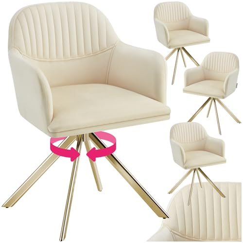 tectake® 4 x Esszimmerstuhl drehbar, Armlehnstuhl drehbar, ergonomischer Stuhl Samt, Stühle für Esszimmer, Möbel für Wohnzimmer, Arbeitszimmer, Esstisch, Schminktisch - 4er Set - Creme/Gold