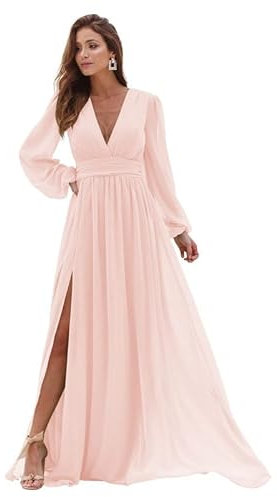 ChicFash Long Sleeves Bridesmaid Dresses with Slit V Neck Chiffon Wedding Guest Dress Formal Evening Dresses for Women Blush Pink