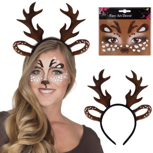 Serre Tete Noel, Serre Tete Cerf Oreilles de Cerf Tatouage Visage de Cerf Serre Tête Renne pour Carnaval, Noël, fête d'elfes pour Cadeaux de Noël Enfants et Adultes (A, Taille normale)