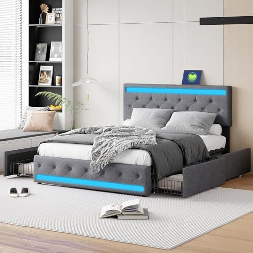 KeepGoon Doppelbett 160x200cm,Polsterbett mit 4 Eisenschubladen,Langer USB-Anschluss und Nachttischlampenleiste,Stauraumbett,mit lattenrost,Leinenstoff,Verstellbares Kopfteil