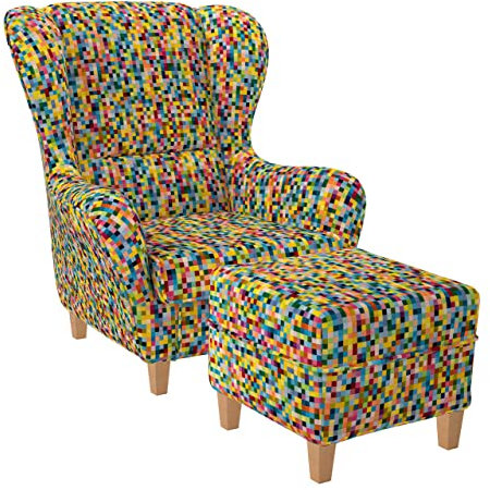 Supellex Sofia Ohrensessel mit Hocker | Design Pixel, kariert, bunt Fancy