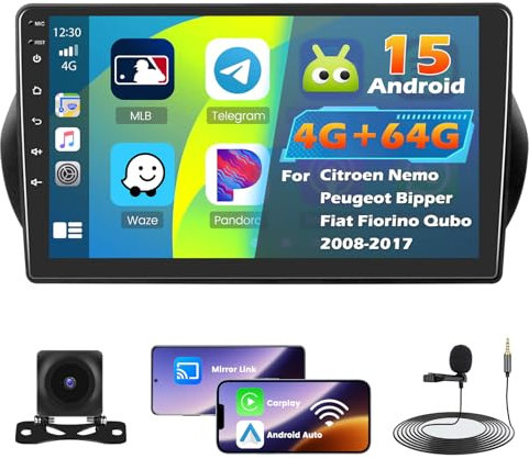 Roinvou 4+64G Autoradio Android für Citroen Nemo/Peugeot Bipper/FIAT Fiorino Qubo 2008-2017 Carplay Android Auto, 2Din Radio mit 10 Zoll Bildschirm WiFi GPS Bluetooth 32EQ FM/RDS SWC Rückfahrkamera