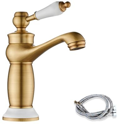 Maynosi Retro Bathroom Basin Mixer Tap, Luxury Victorian Sink Tap with Ceramic Handle, Vintage Faucet for Cloakroom, All Brass Made (Antique Brass)