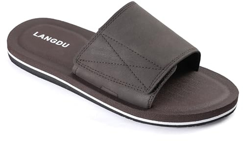 LANGDU Mens Sliders Sandals Adjustable Slipper Flip Flops | Comfortable,Breathable,Lightweight,Non-Slip Sole,PU Leather,Easy Slip-On,Indoor & Outdoor