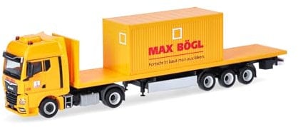 Herpa LKW Modell Man TGX GX Flachbett-Sattelzug mit Bürocontainer Max Bögl (Bayern/Sengenthal), Miniatur im Maßstab 1:87, Sammlerstück, Made in Germany, Kunststoff
