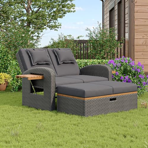 Lcoho Garten-Lounge-Sessel-Set für 2 Personen, graues Rattan, verstellbare Rückenlehne, Stützfuß, mit Fußhocker oder als Outdoor-Bett nutzbar, mit Rückenkissen und Sitzkissen