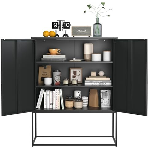 xixiworkshop Metall-Sideboard,Lagerschrank– 2 Regale, Freistehender Stahlschrank, Magnettüren, Anti-Kipp-Sicherung, Wohnzimmer, Küche, Büro, 109×85× 40 cm (Schwarz, 85 × 40 × 109 cm)