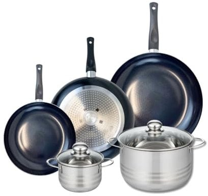 ELO 9750750 Kochgeschirr-Set, 5-teilig, 3 Bratpfannen 24, 28 und 32 cm, 2 Kochtöpfe 14 und 24 cm, Elo Prima glänzend, Edelstahl, Induktion