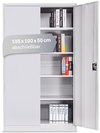 LagerZwei Mehrzweckschrank 195x100x50cm I Großer Metallschrank, 4 Fachböden I Aktenschrank weiß, abschließbar I Robuster Allzweckschrank als Werkstattschrank & Büroschrank I Stahlschrank