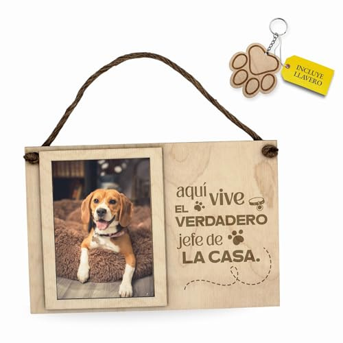 ayurvana: Marco Fotos Madera Mascota Jefe de la Casa + Llavero | Marco de fotos de madera para mascotas. Incluye llavero de huella de regalo. Detalle divertido para perros y gatos.