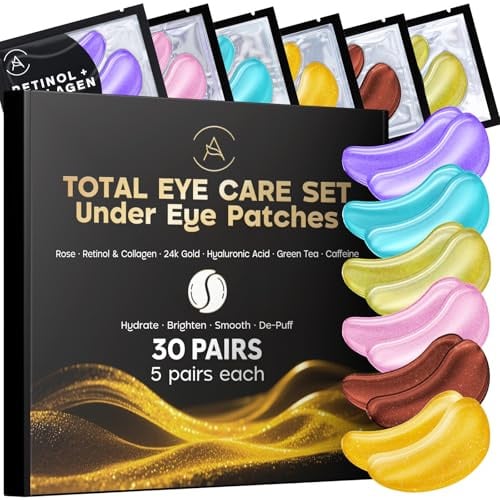 Augenpads Mix gegen Augenringe 30 Paare 5 Sorten mit Hyaluron | Kombiniert Grüner Tee Rose 24 Karat Gold sowie Retinol und Kollagen Pflege