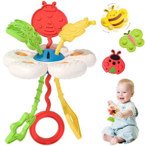 Joollurm Montessori Silicone Pull String Activity Toy and 3 Insect Shapes Suction Cup Spinners Bath Toy Set, Sensory Baby Teething Travel Toy for 1 2 3 Years Old Toddler Boy Girl