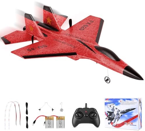 Jradse 2,4 GHz RC Flugzeug, Ferngesteuertes Flugzeug mit 3-Achsen-Gyro, 2-Kanal Schaumstoff Kampfjet mit 2 Akkus & LED-Lichtern, Einfach zu fliegen für Anfänger Kinder Erwachsene, Rot