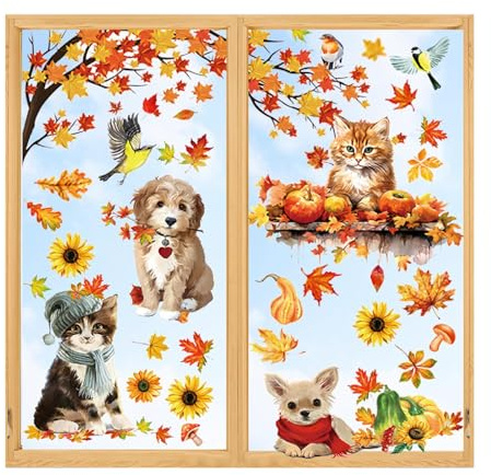 9 Stück Herbst Fensterbilder Selbstklebend,Fensterdekoration Herbstmotiv,Schöne Fensterbilder Herbst Kinder mit Katzen und Hunden,Herbstdeko Fenster Innen,Deko Erntedankfest Fensterufkleber