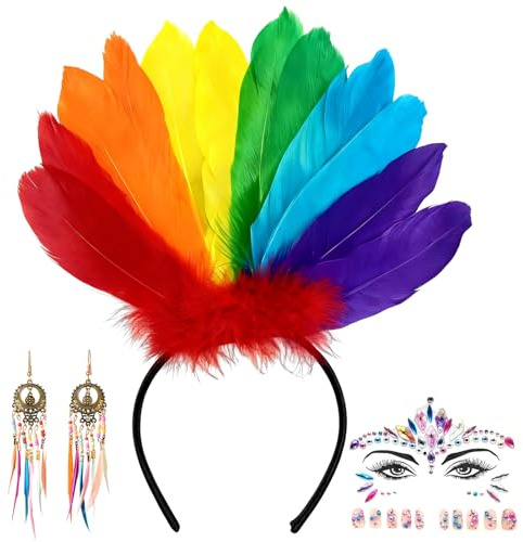 Regenbogen Papagei Haarreif Damen, Bunte Feder Haarschmuck Haarbänder, Regenbogen Kopfschmuck Kopf mit Ohrrin Glitzersteine Gesicht, Fasching Karneval Party bunter Stirnbänder Papagei Haarband