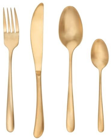 BUTLERS 4-tlg. Besteck-Set für 1 Person Edelstahl - KINGS - | Farbe Gold - Menübesteck für Messer & Gabeln - Besteckgarnitur für Löffel & Teelöffel - mit matter Oberfläche