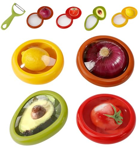 WRENYZK 4 unidades de frutas-hortalizas, reutilizables, recipientes de almacenamiento de frutas, recipientes de almacenamiento de alimentos antioxidantes con pelador de verduras para aguacate, cebolla