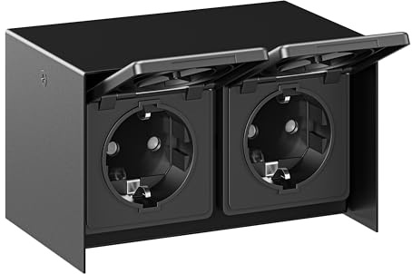 ledscom.de Außensteckdose 2-fach STEDDA, IP44, Edelstahl schwarz waagerecht, Steckdosen für Garten, Terrasse und Außenbereich
