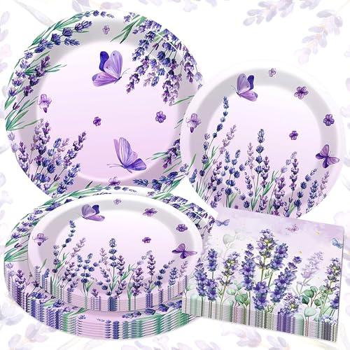 60PCS Purple Lavender Paper Plates Napkins Wildflower Tea Party Decoration | Floral Shower Birthday Wedding Bridal Shower Party Favors for 20 Guest