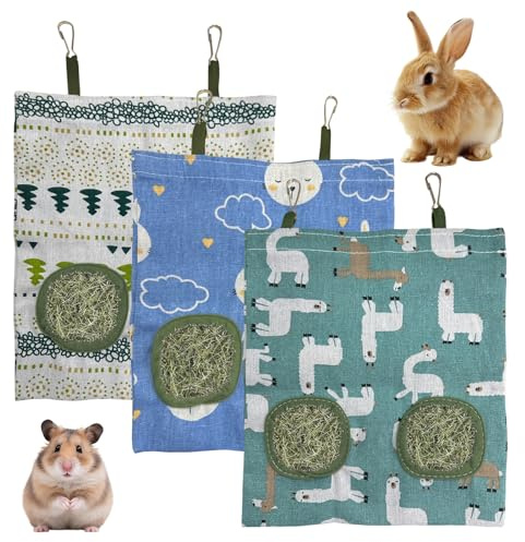 Heuraufe Kaninchen Heusack Leinenstoff 26.5x23cm 2 Öffnungen DREI Designs Weißer Baum Grünes Alpaka Blauer Hase Hängende Heutasche Futterspender für Kleintiere Meerschweinchen Langlebig
