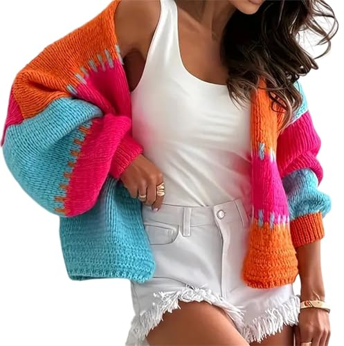 INSPOK Damen Strickjacke mit Farbblock-Patchwork, lässiger Oversize-Strickpullover für Herbst und Winter