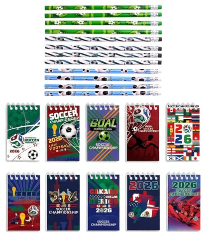 Set di Cancelleria Tema Partite di Calcio, 10 Quaderni a Spirale + 12 Matite HB, Gadget per Festa Tema Calcio, Regalo per Appassionati di Calcio