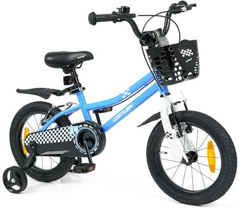 COSTWAY Kinderfahrrad 14/16 Zoll, Fahrrad mit verstellbarem Sattel & Lenker | Kinderrad mit Klingel, Korb, Schutzblech, V-Brake Bremsen & Stützrädern für 4-7 Jahren Jungen & Mädchen