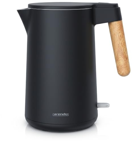 Arendo - Wasserkocher Edelstahl – 1,5 Liter - 2200 Watt – Doppelwand-Design – 360° Controller – BPA-frei – Überhitzungs- und Trockengehschutz - Schwarz Matt - GS geprüfte Sicherheit