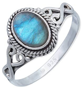 mantraroma Damen Ring Silber mit Stein Labradorit Edelstein blau ausgefallen verspielt