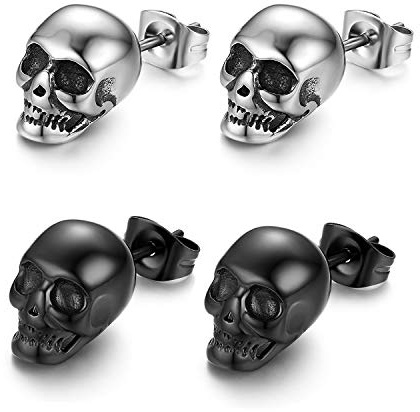 2 Pairs Punk Stainless Steel Stud Skull Earrings,Cupimatch Mens Silver Black Rock Ear Piercing Earrings for Father's Day