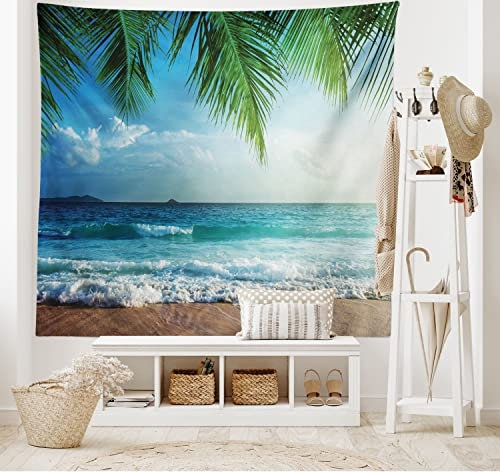 ABAKUHAUS Ozean Wandteppich und Tagesdecke, Palmen Tropical Island aus Weiches Mikrofaser Stoff Waschbar ohne Verblassen Digitaldruck, 230 x 140 cm, Grün Blau