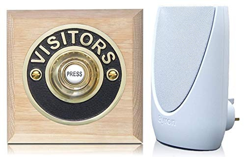 Byron 100m Wireless Period Plug-in Doorbell kit Push on Plinth (Natural Oak Visitor Brass)