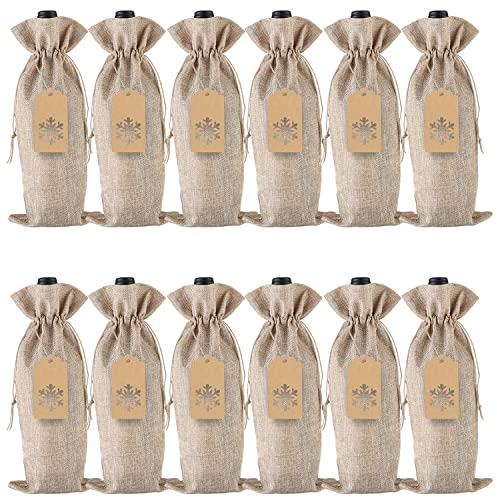 Jute-Geschenktüten mit Kordelzug für Weinflaschen, mit Anhänger und Seilen für Weihnachten, Hochzeit, Reisen, Geburtstag, Urlaubsparty (12 Stück Natur)