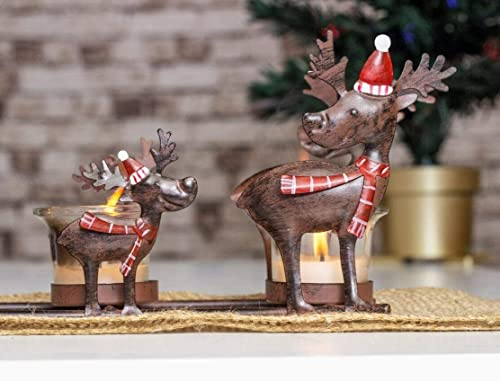 HomeZone Bougeoir votif en forme de renne de Noël – Renne rustique en métal et 4 photophores en verre – Cadeau festif – Centre de table de Noël Rudolphe, Père Noël, renne, décoration lumineuse