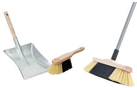 Novaliv Juego de escoba, escoba de habitación con mango telescópico, recogedor de cerdas sintéticas finas, escoba de mano de madera, recogedor de metal, juego de escoba de mano y pala Dustpan and